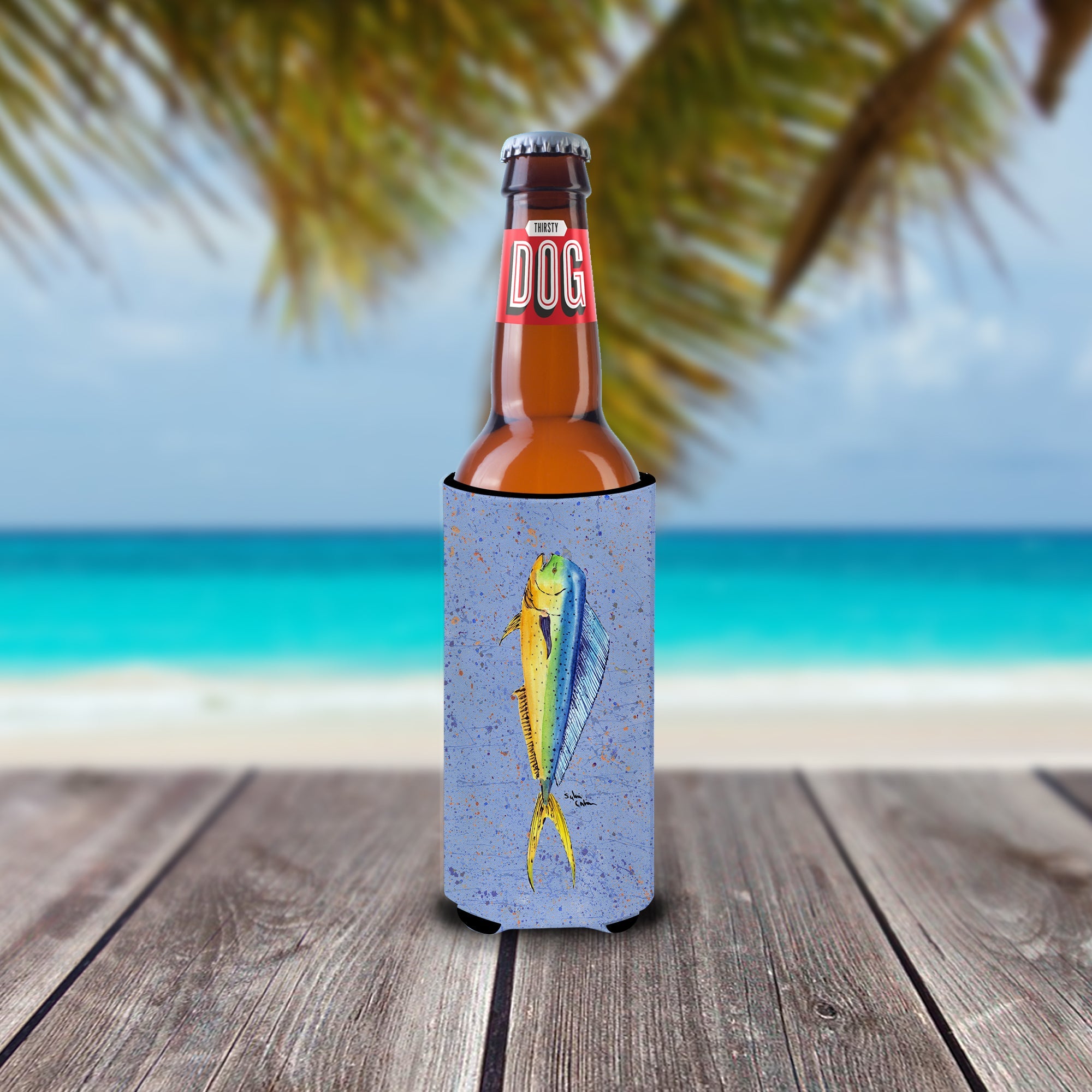 Fish Dolphin Slim Can Hugger , Insulated Foam Hugger for 12 oz Slim Cans, Beer Bottles & Water Bottles, Printed in USA