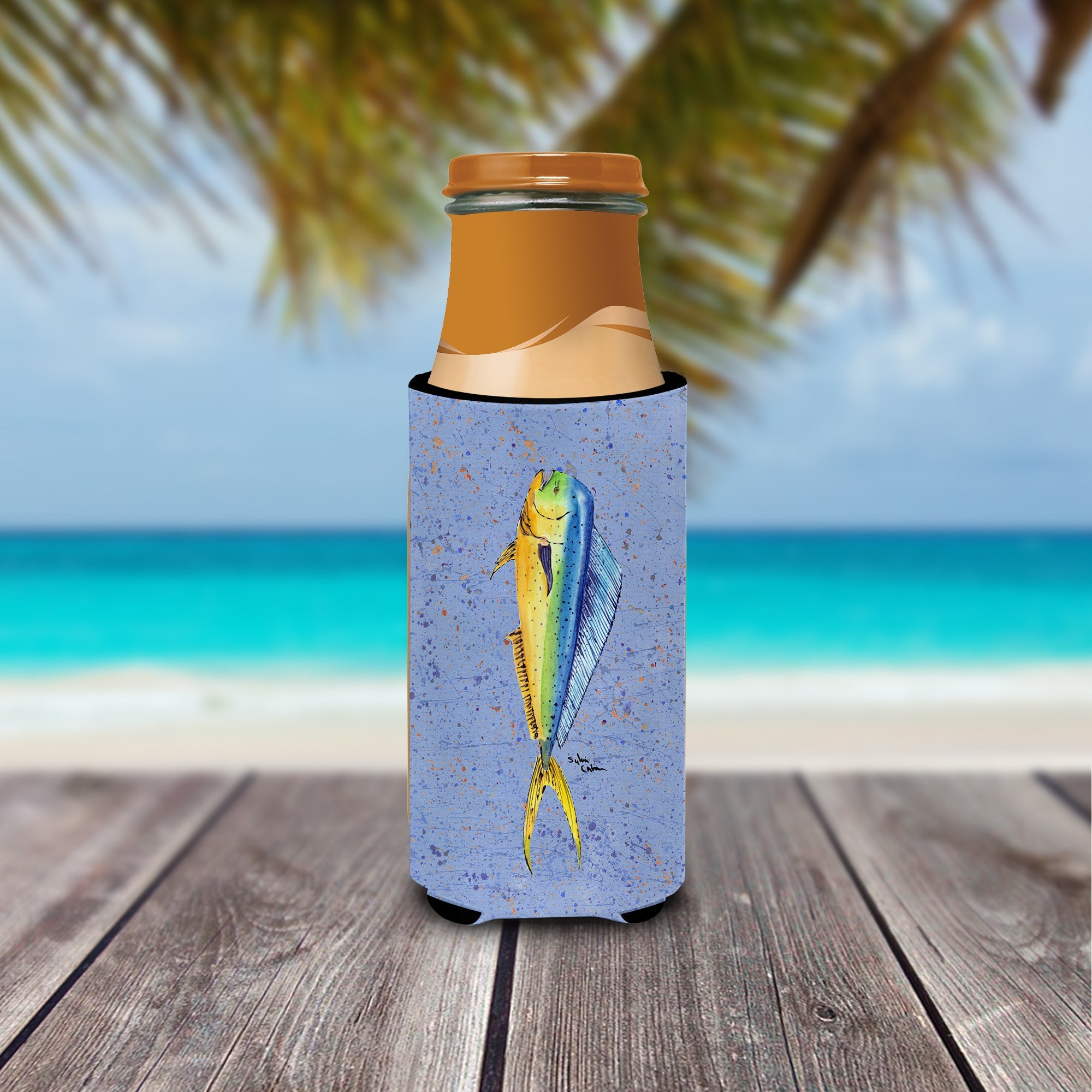 Fish Dolphin Slim Can Hugger , Insulated Foam Hugger for 12 oz Slim Cans, Beer Bottles & Water Bottles, Printed in USA