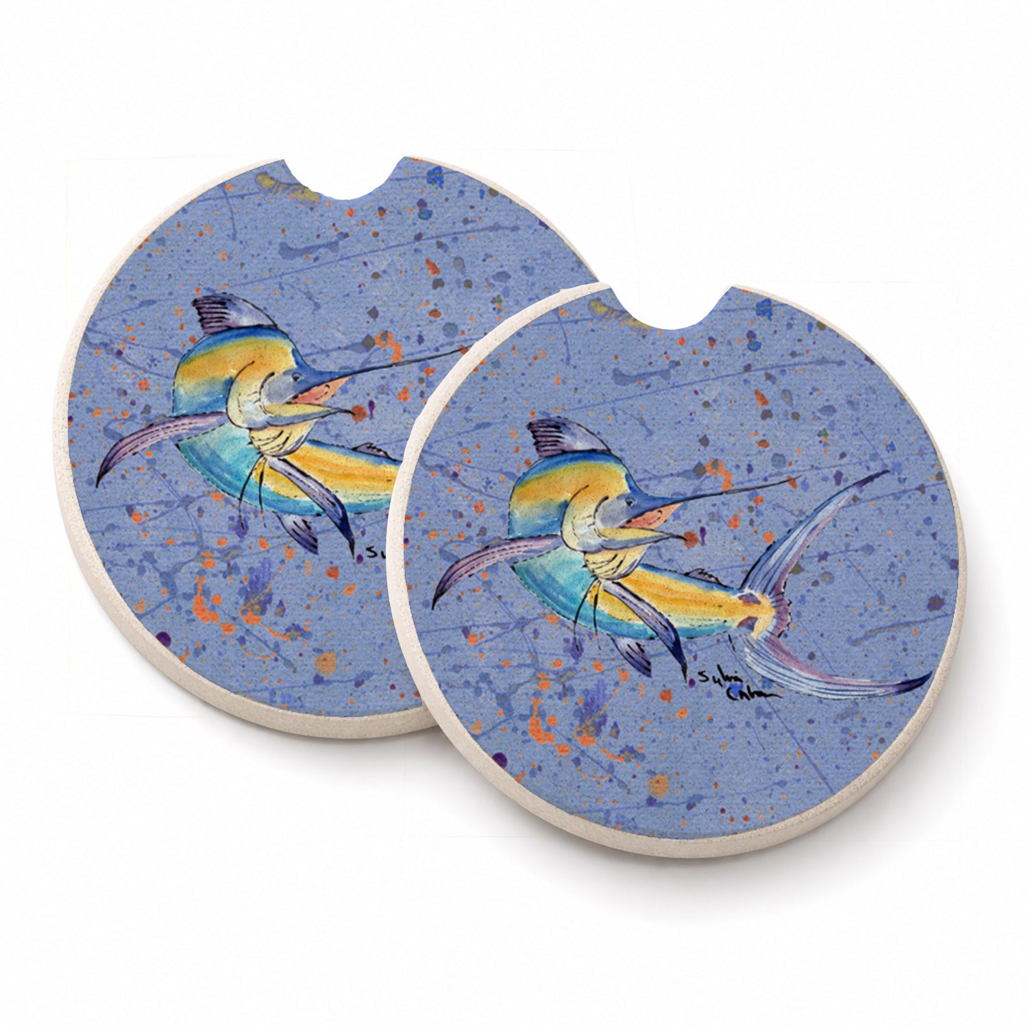 Blue Marlin Set of 2 Cup Holder Car Coasters Absorbent Round Sandstone Coasters Gifts for Men or Women, 2.5, Multicolor