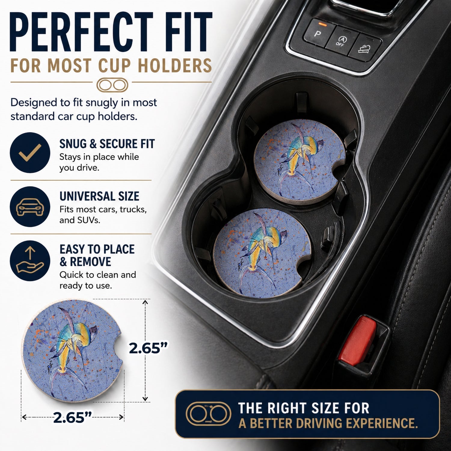 Blue Marlin Set of 2 Cup Holder Car Coasters Absorbent Round Sandstone Coasters Gifts for Men or Women, 2.5, Multicolor