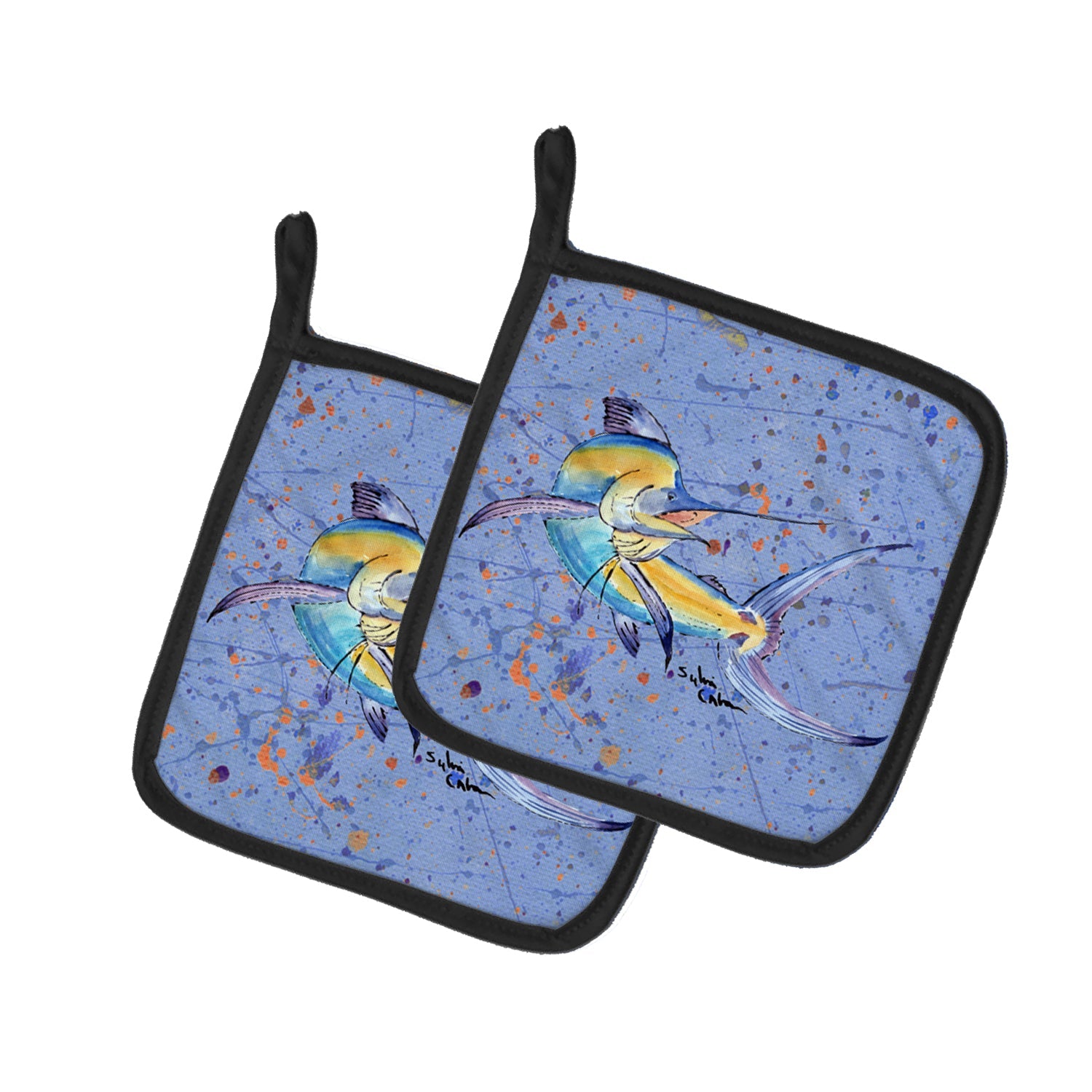 Blue Marlin Pot Holder Set of 2 Heat Resistant Quilted Hot Pads 7.5 x 7.5 Inch, Insulated Kitchen Trivets for Cooking & Baking