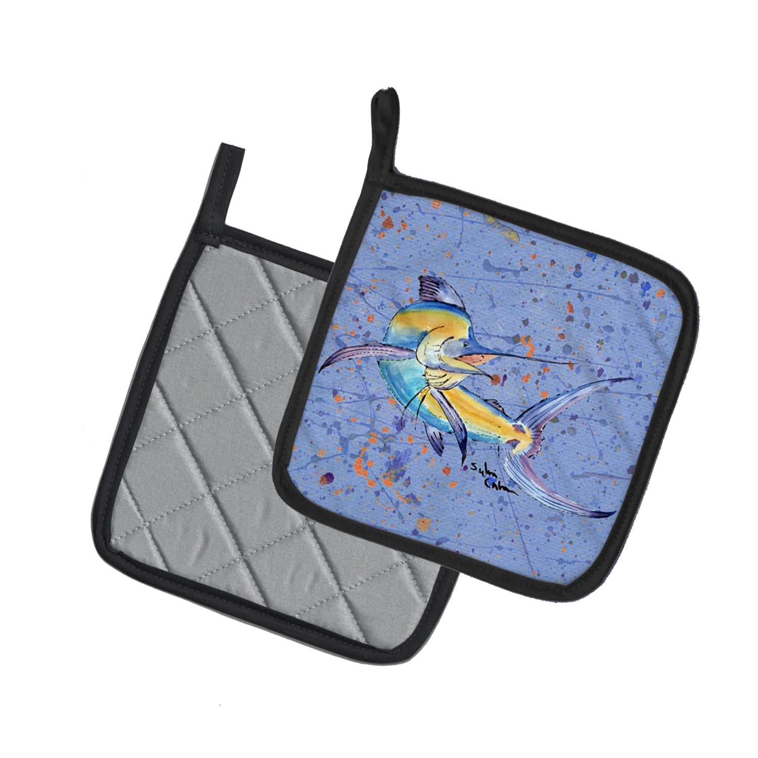 Blue Marlin Pot Holder Set of 2 Heat Resistant Quilted Hot Pads 7.5 x 7.5 Inch, Insulated Kitchen Trivets for Cooking & Baking