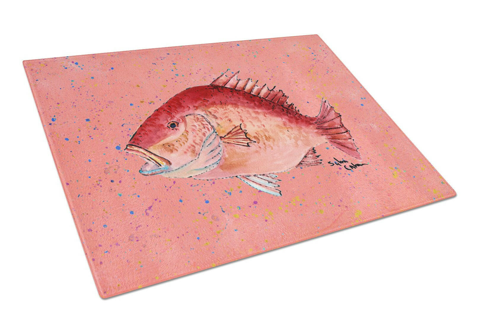 Strawberry Snapper Cutting Board Tempered Glass Kitchen Cutting Surface, Heat Resistant Chopping, Non-Slip Feet, Food Prep & Serving