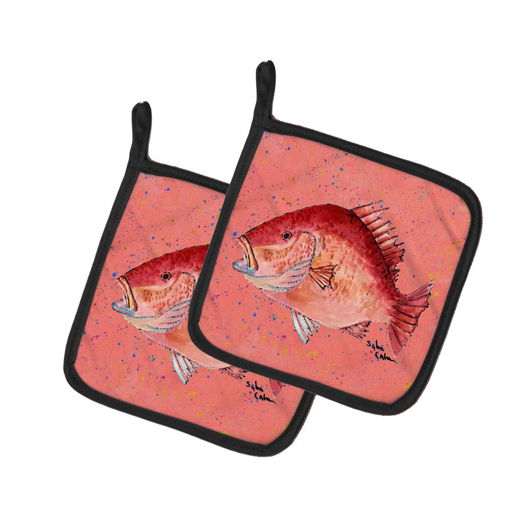 Strawberry Snapper Pot Holder Set of 2 Heat Resistant Quilted Hot Pads 7.5 x 7.5 Inch, Insulated Kitchen Trivets for Cooking & Baking