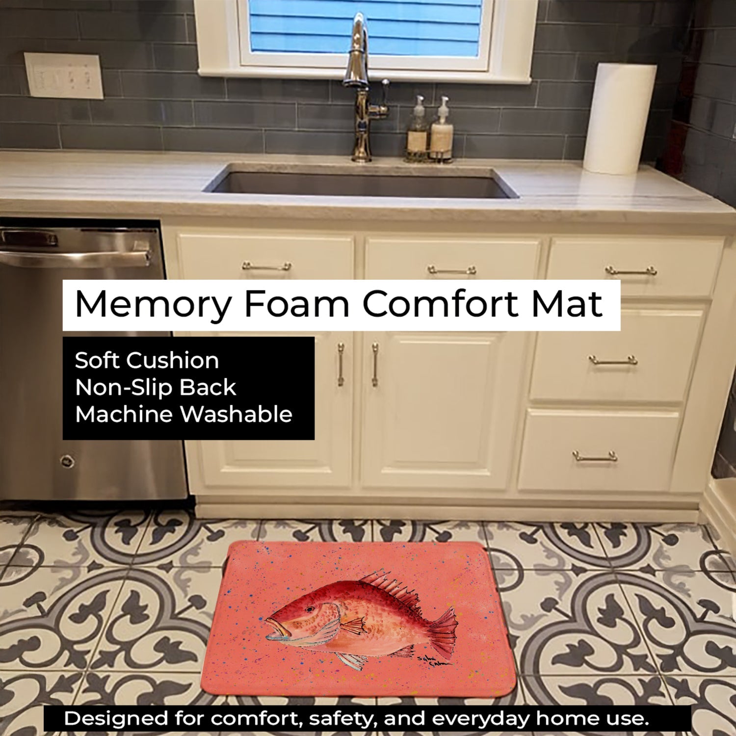 Strawberry Snapper Memory Foam Kitchen Mat Machine Washable Anti-Fatigue Cushion Comfort Bath or Kitchen Rug