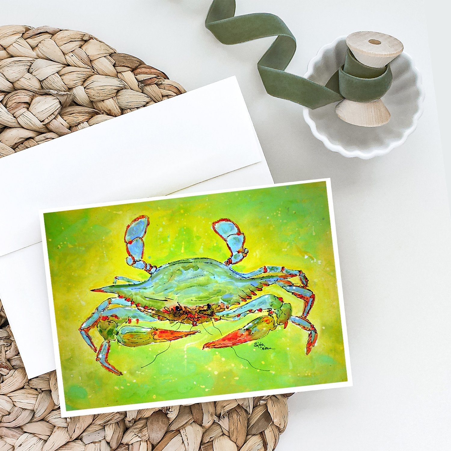 Bright Green Blue Crab Greeting Cards Pack of 8 Blank Cards with Envelopes Whimsical A7 Size 5x7