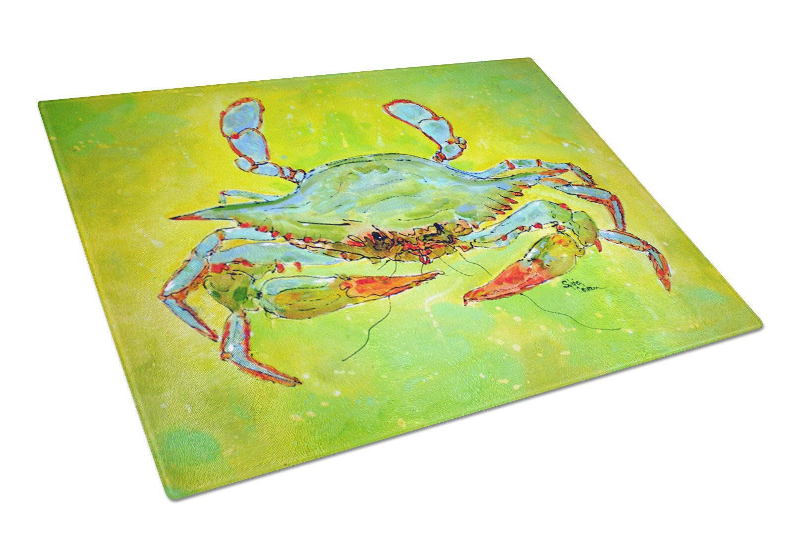 Bright Green Blue Crab Cutting Board Tempered Glass Kitchen Cutting Surface, Heat Resistant Chopping, Non-Slip Feet, Food Prep & Serving