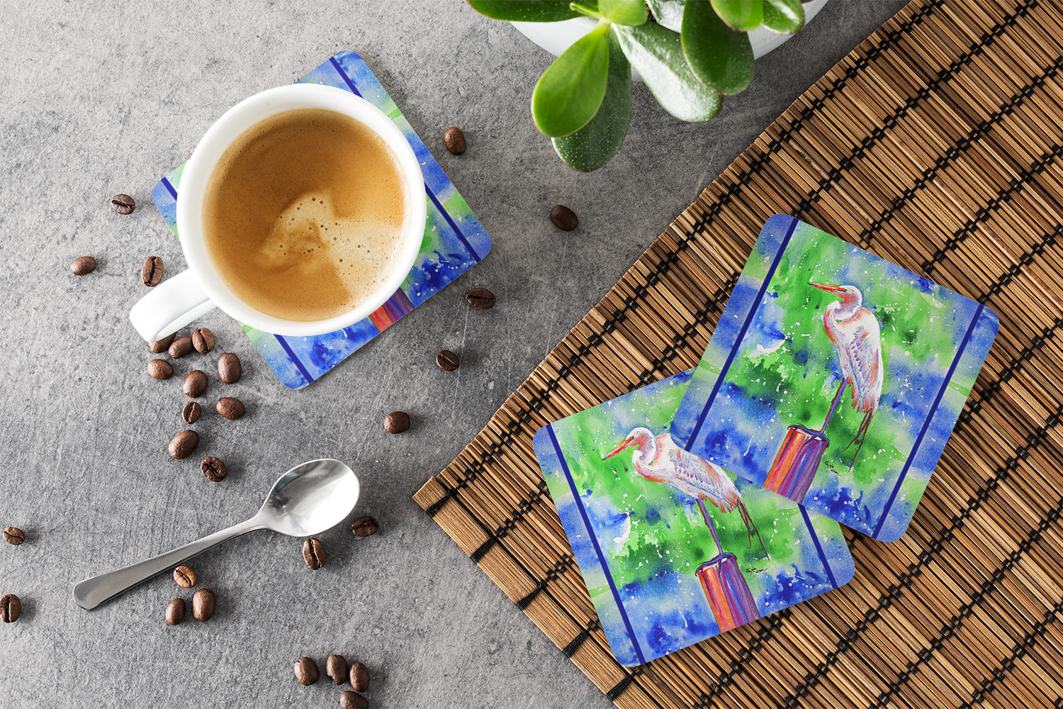 Egret Foam Coasters Set of 4 Cup Coasters for Indoor Outdoor, Tabletop Protection, Anti Slip, Mouse pad Material