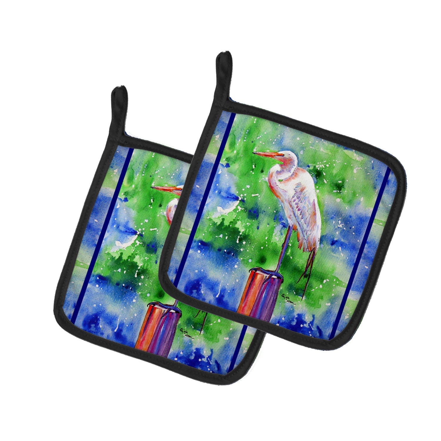 Egret Pot Holder Set of 2 Heat Resistant Quilted Hot Pads 7.5 x 7.5 Inch, Insulated Kitchen Trivets for Cooking & Baking