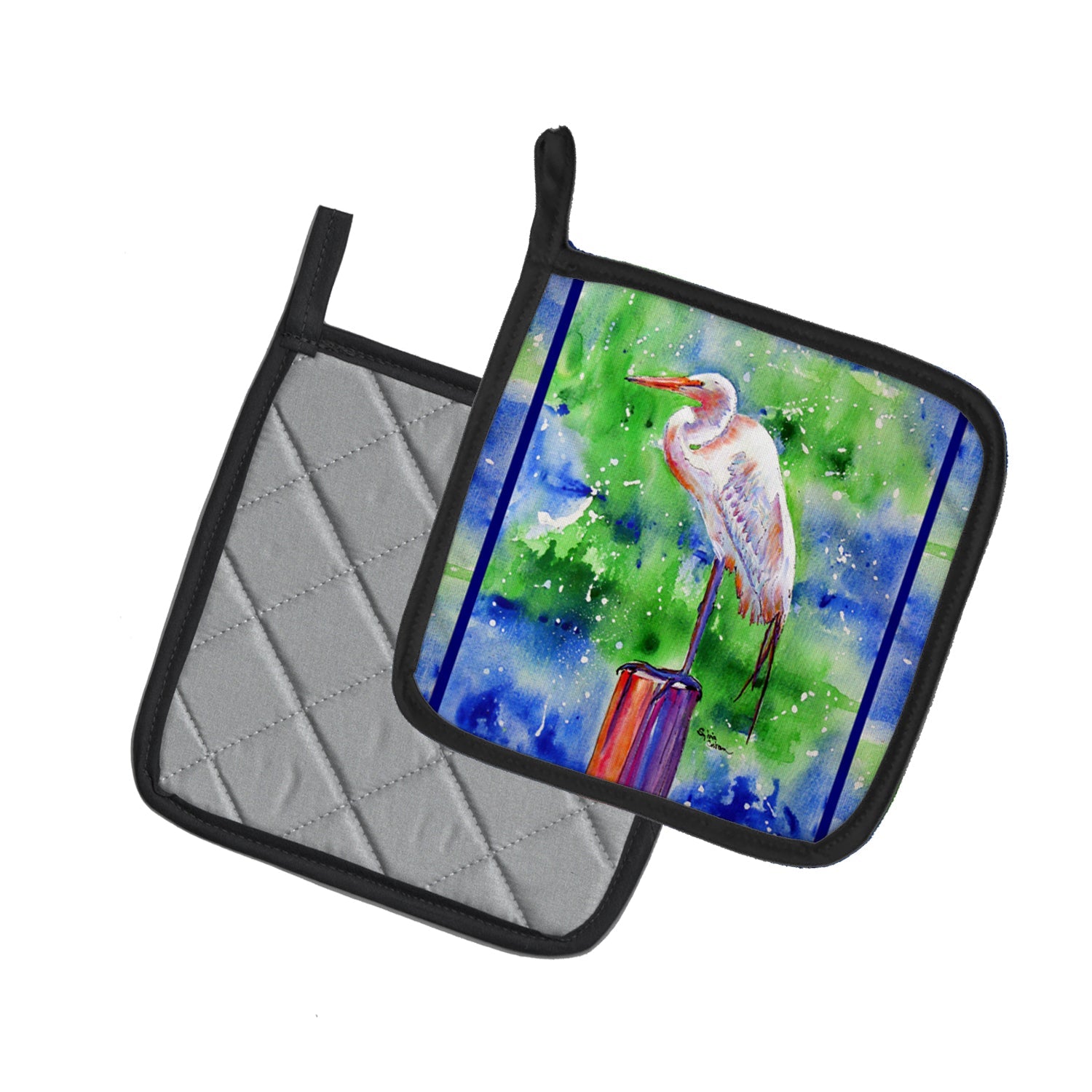 Egret Pot Holder Set of 2 Heat Resistant Quilted Hot Pads 7.5 x 7.5 Inch, Insulated Kitchen Trivets for Cooking & Baking