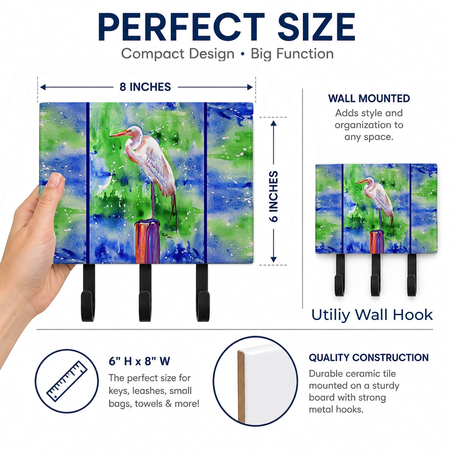 Egret Leash or Key Holder Wall Hooks, Coat Rack Wall Mount, for Hanging Keys, Towels, Aprons, Leashes