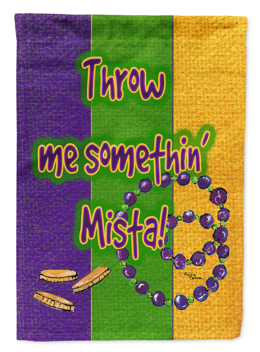 Mardi Gras Throw me something mister House Flag 28x40 Porch Sleeve Pole Decorative Outside Yard Banner Artwork Wall Hanging, Polyester
