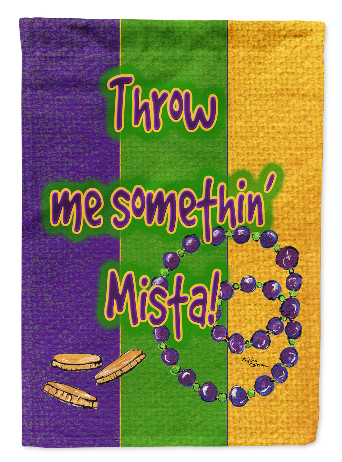 Mardi Gras Throw me something mister House Flag 28x40 Porch Sleeve Pole Decorative Outside Yard Banner Artwork Wall Hanging, Polyester