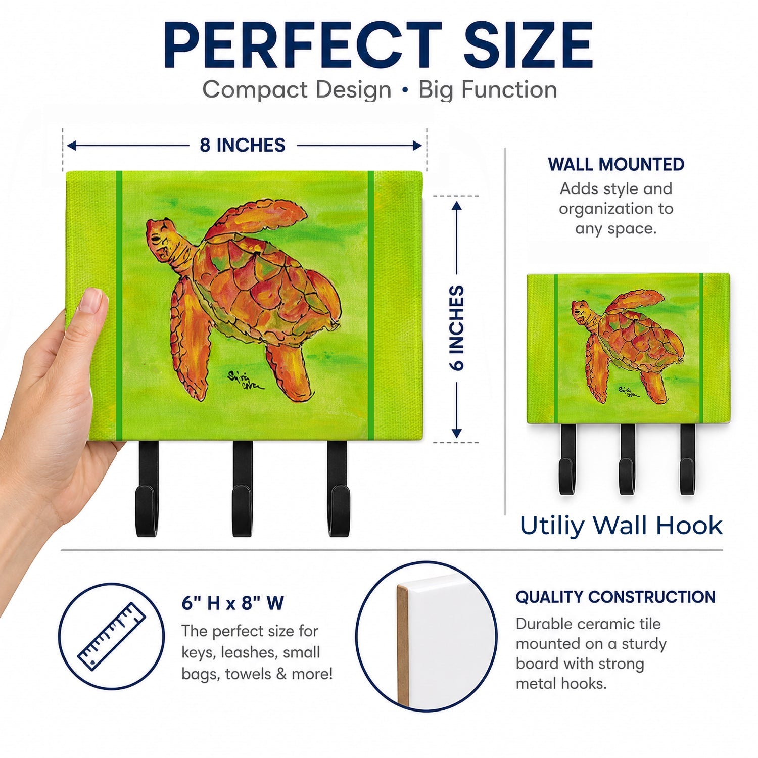 Turtle Leash or Key Holder Wall Hooks, Coat Rack Wall Mount, for Hanging Keys, Towels, Aprons, Leashes