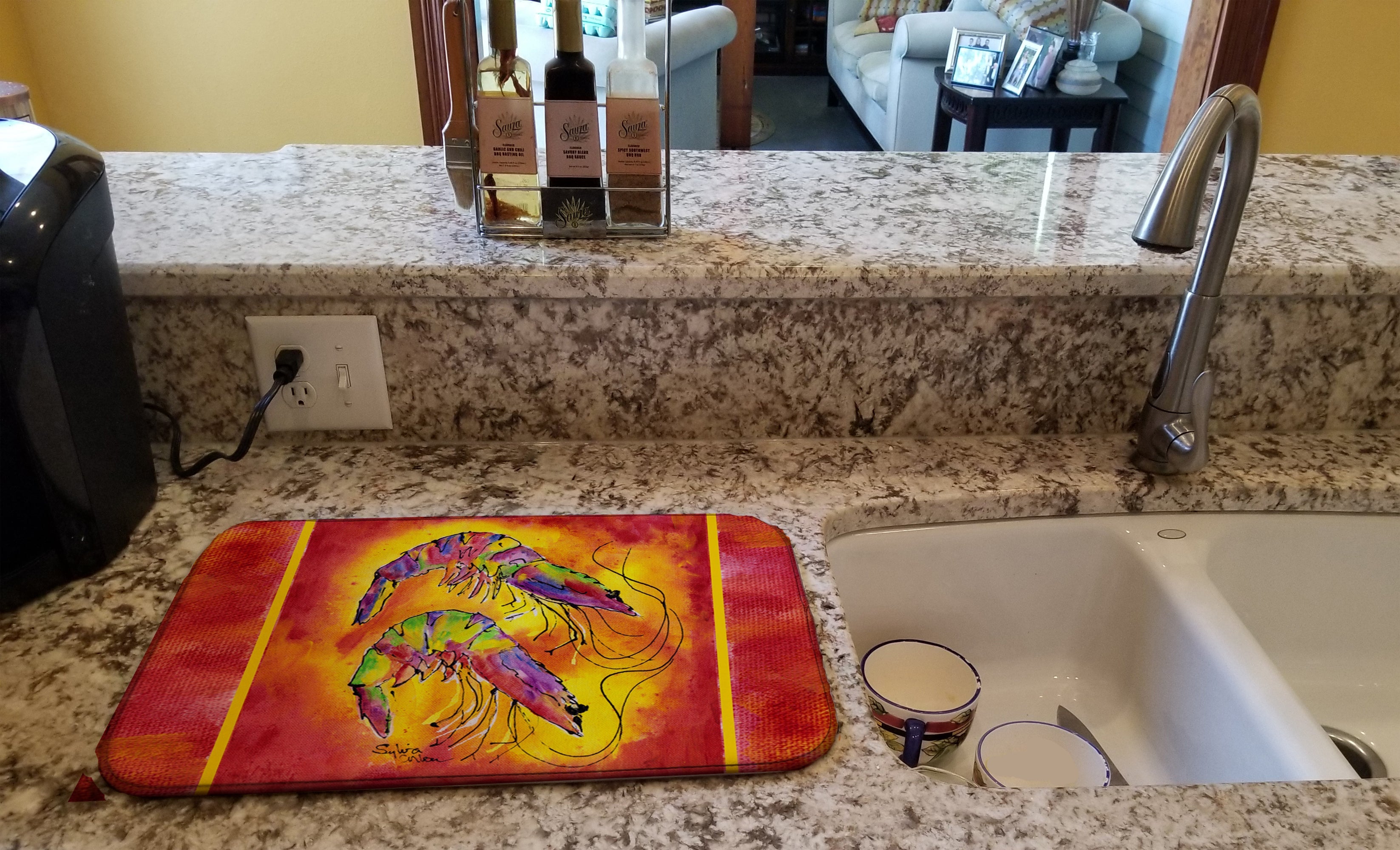 Bright Shrimp on Red Dish Drying Mat Absorbent Dish Drying Mat Pad for Kitchen Counter Dish Drainer Mat for Countertop, 14 x 21", Multicolor