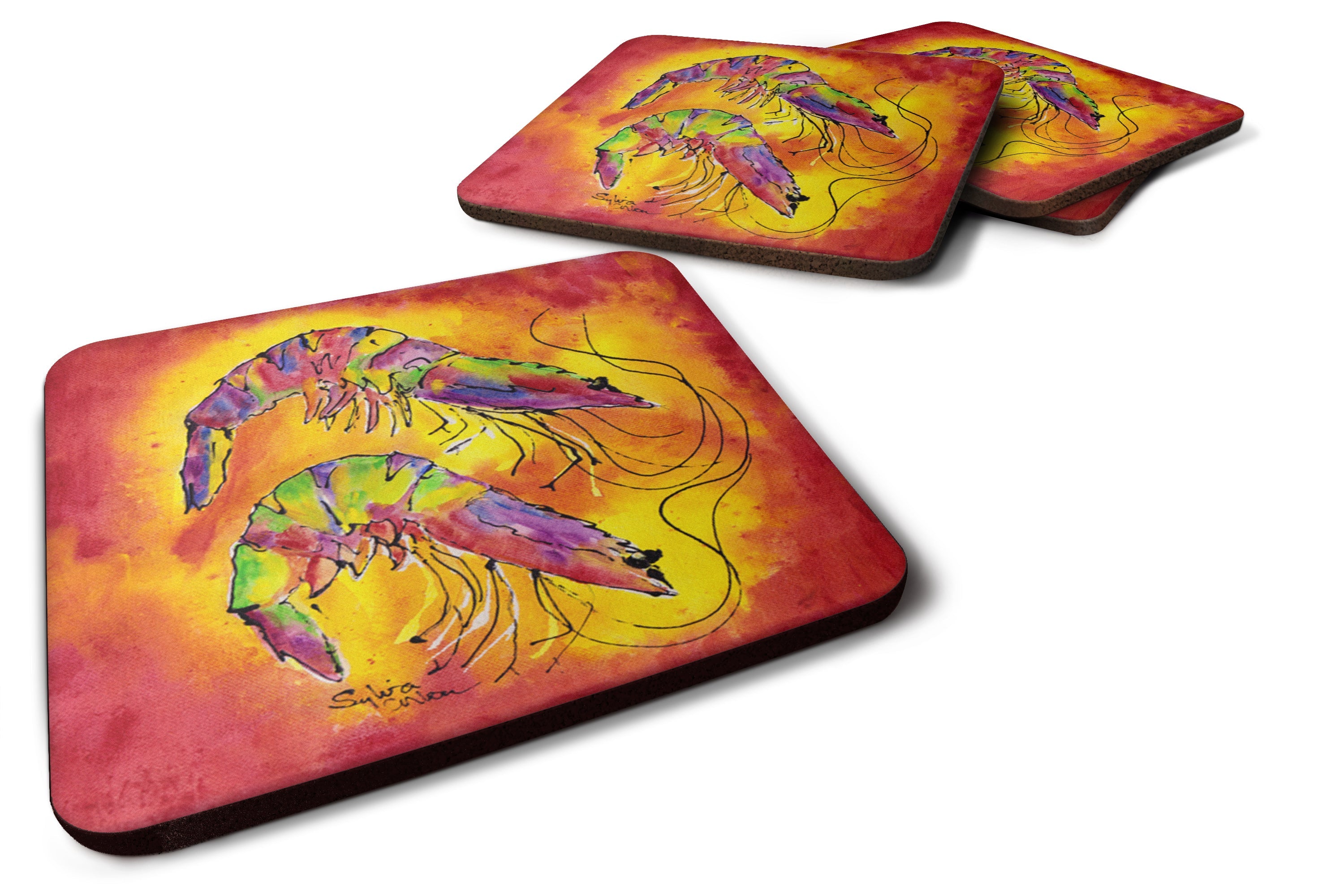 Bright Shrimp on Red Foam Coasters Set of 4 Cup Coasters for Indoor Outdoor, Tabletop Protection, Anti Slip, Mouse pad Material