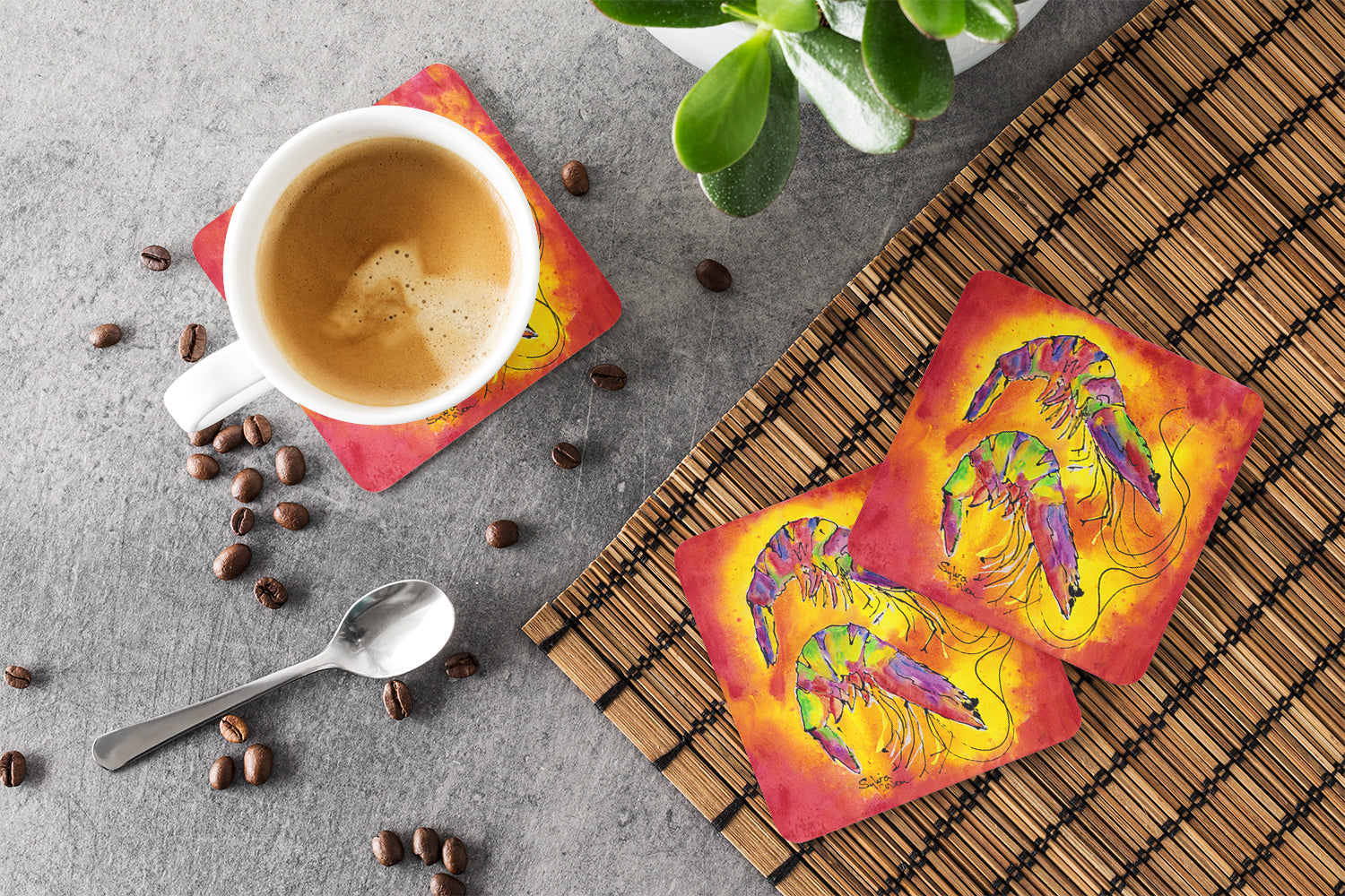 Bright Shrimp on Red Foam Coasters Set of 4 Cup Coasters for Indoor Outdoor, Tabletop Protection, Anti Slip, Mouse pad Material