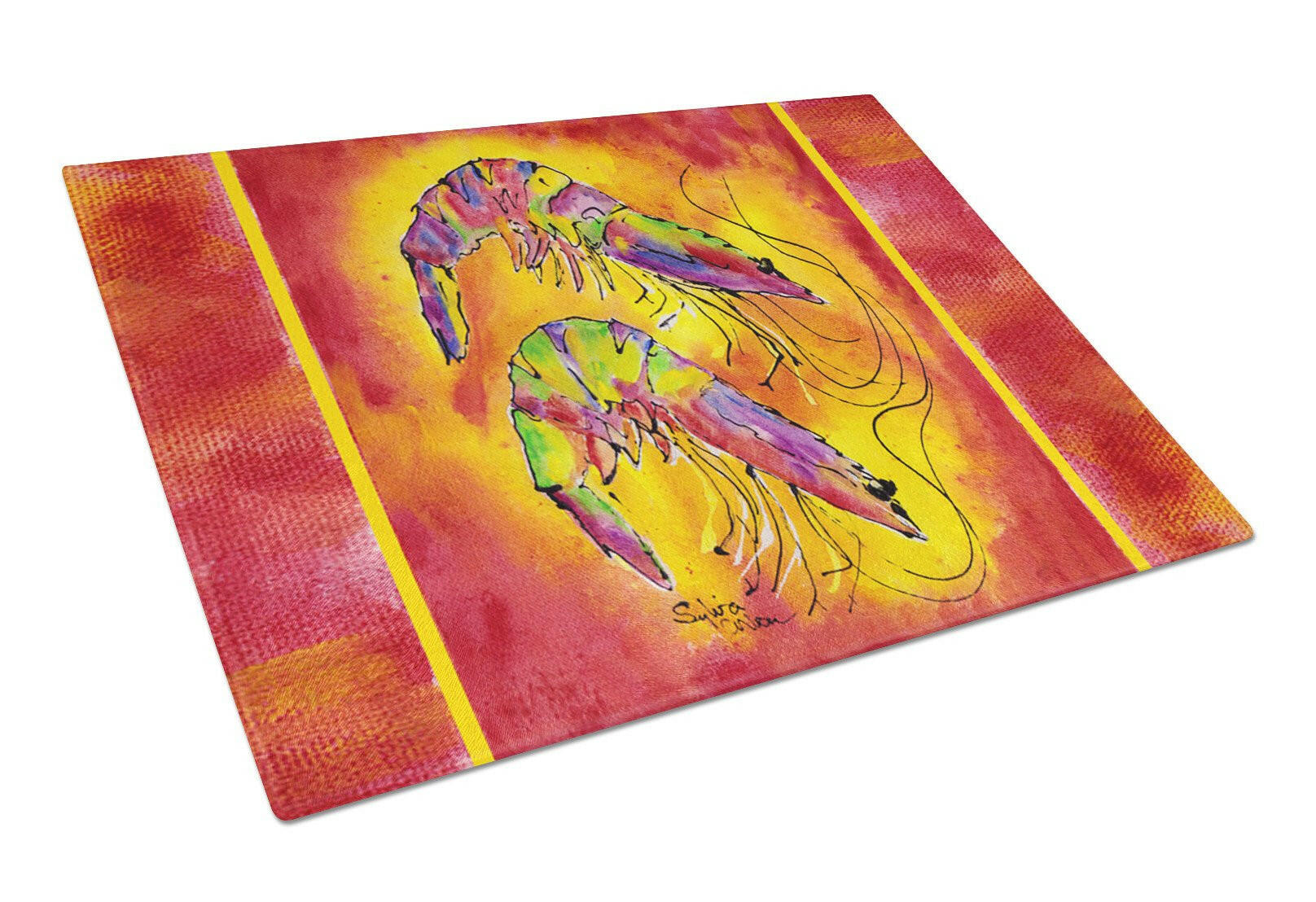 Bright Shrimp on Red Cutting Board Tempered Glass Kitchen Cutting Surface, Heat Resistant Chopping, Non-Slip Feet, Food Prep & Serving