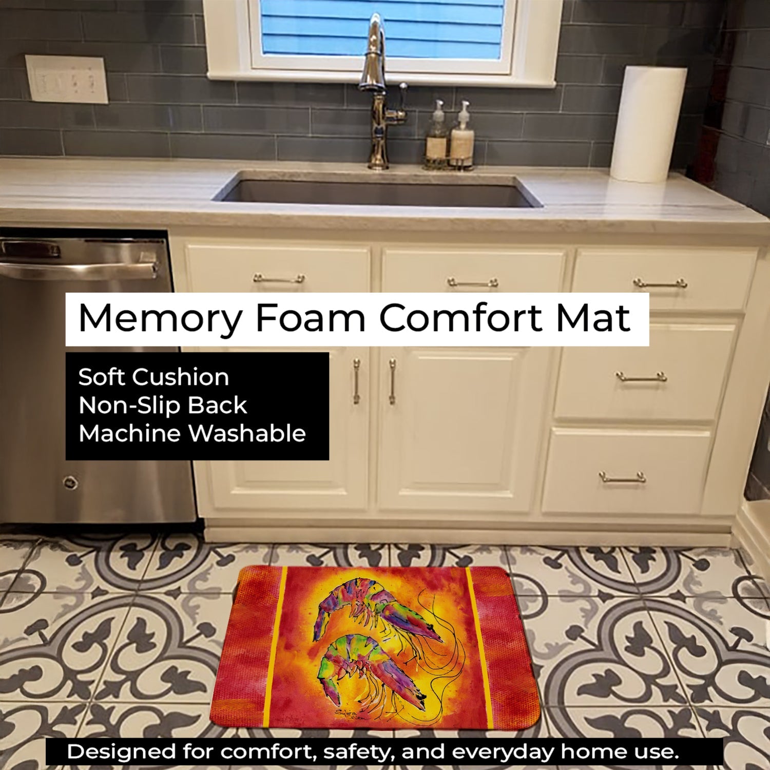 Bright Shrimp on Red Memory Foam Kitchen Mat Machine Washable Anti-Fatigue Cushion Comfort Bath or Kitchen Rug