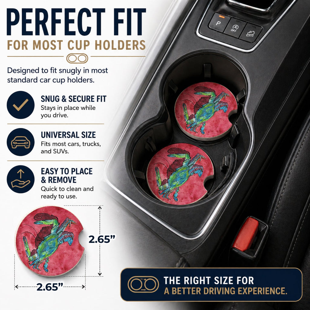 Crab Set of 2 Cup Holder Car Coasters Absorbent Round Sandstone Coasters Gifts for Men or Women, 2.5, Multicolor