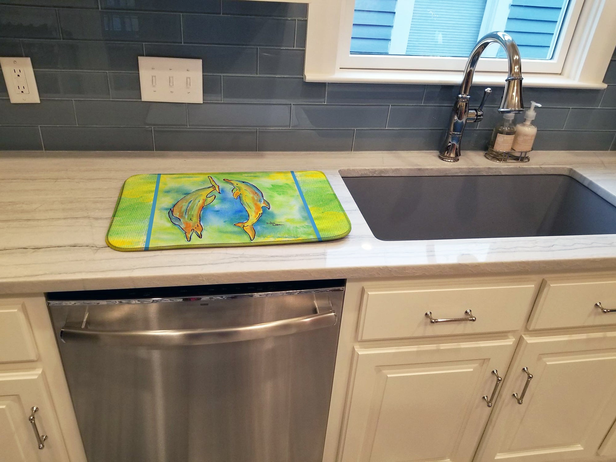 Dolphin Dish Drying Mat Absorbent Dish Drying Mat Pad for Kitchen Counter Dish Drainer Mat for Countertop, 14 x 21", Multicolor