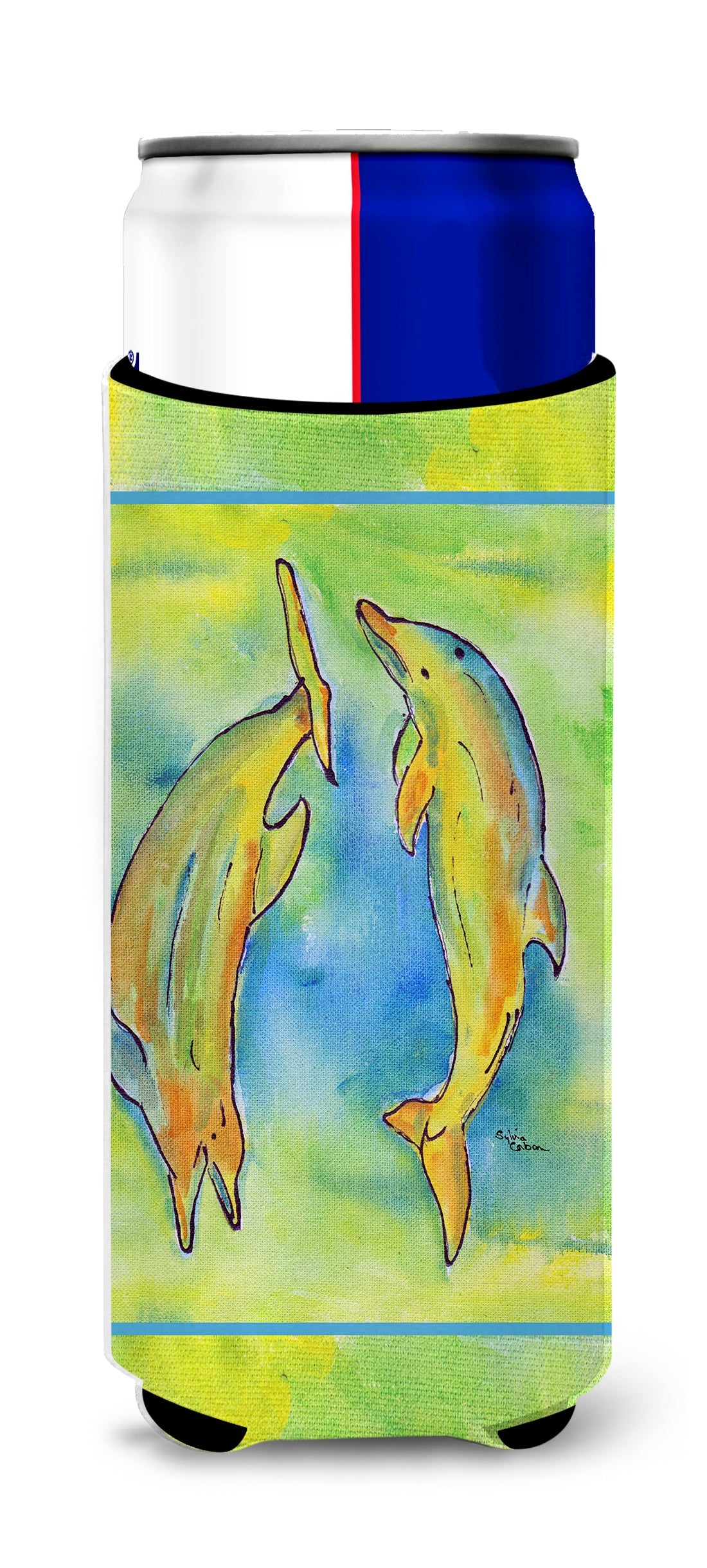 Dolphin Slim Can Hugger , Insulated Foam Hugger for 12 oz Slim Cans, Beer Bottles & Water Bottles, Printed in USA