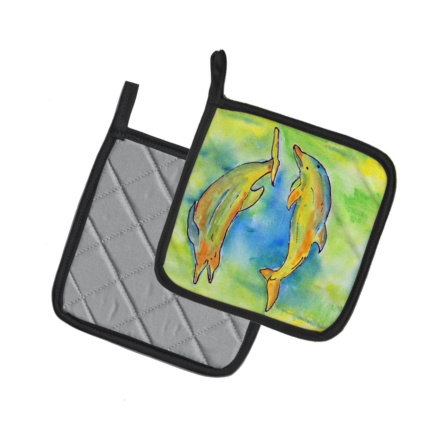 Dolphin Pot Holder Set of 2 Heat Resistant Quilted Hot Pads 7.5 x 7.5 Inch, Insulated Kitchen Trivets for Cooking & Baking