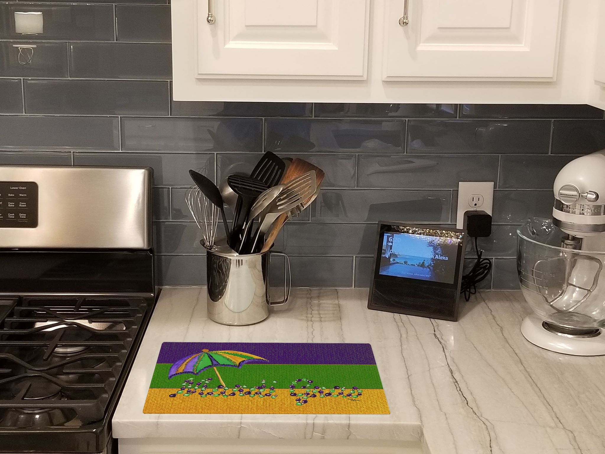 Mardi Gras Cutting Board Tempered Glass Kitchen Cutting Surface, Heat Resistant Chopping, Non-Slip Feet, Food Prep & Serving