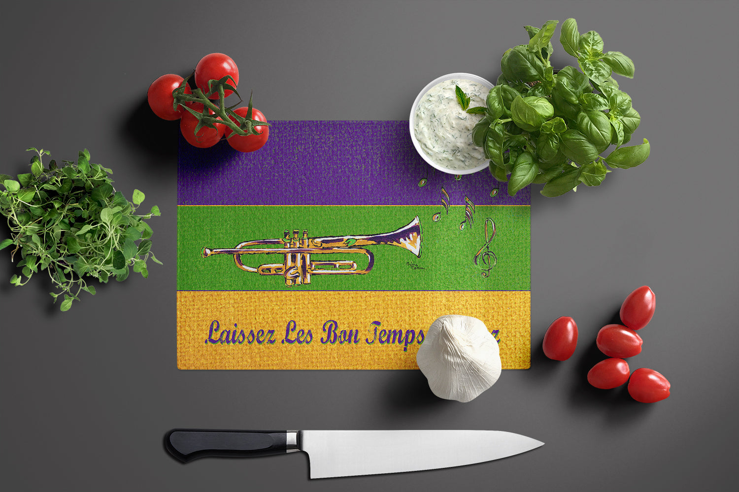 Mardi Gras Cutting Board Tempered Glass Kitchen Cutting Surface, Heat Resistant Chopping, Non-Slip Feet, Food Prep & Serving