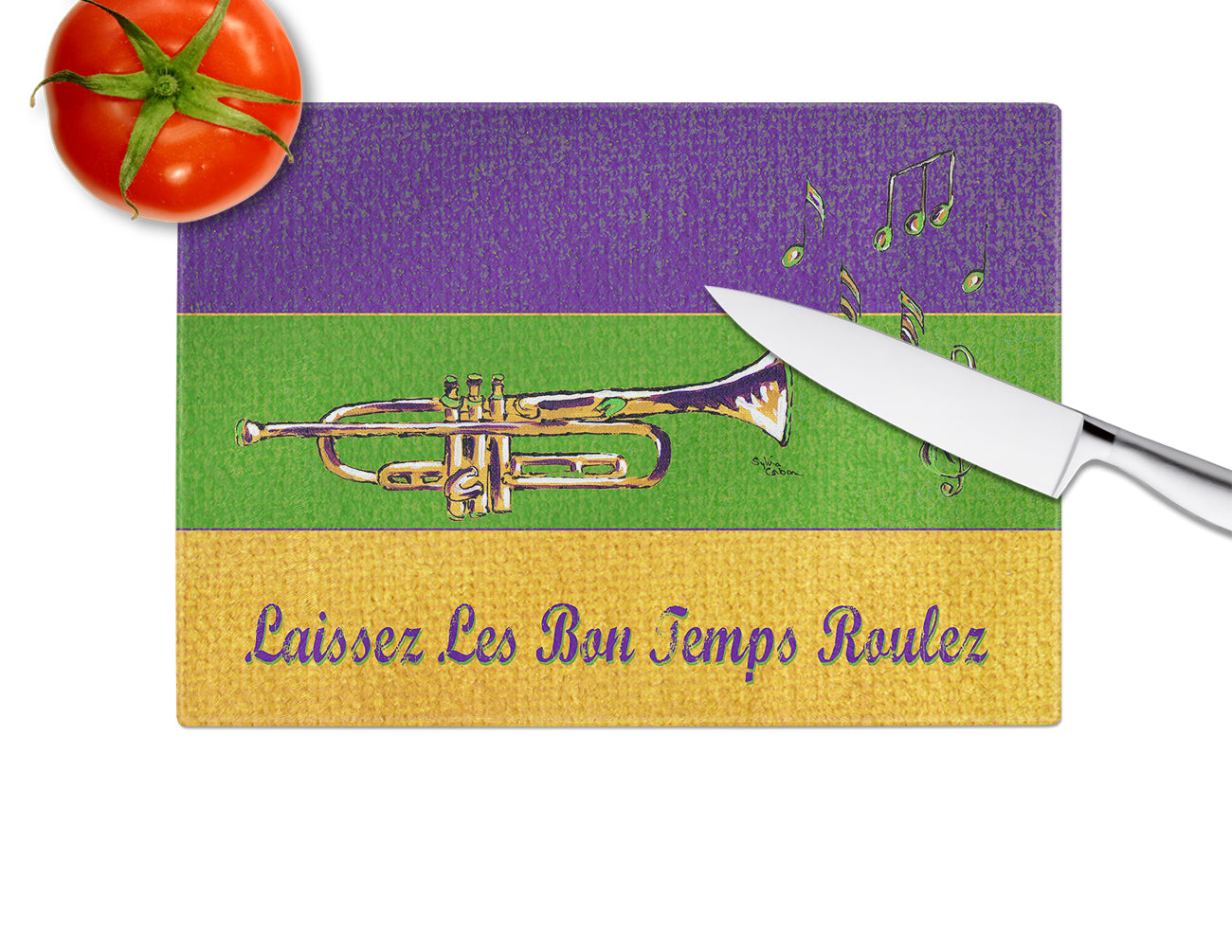 Mardi Gras Cutting Board Tempered Glass Kitchen Cutting Surface, Heat Resistant Chopping, Non-Slip Feet, Food Prep & Serving