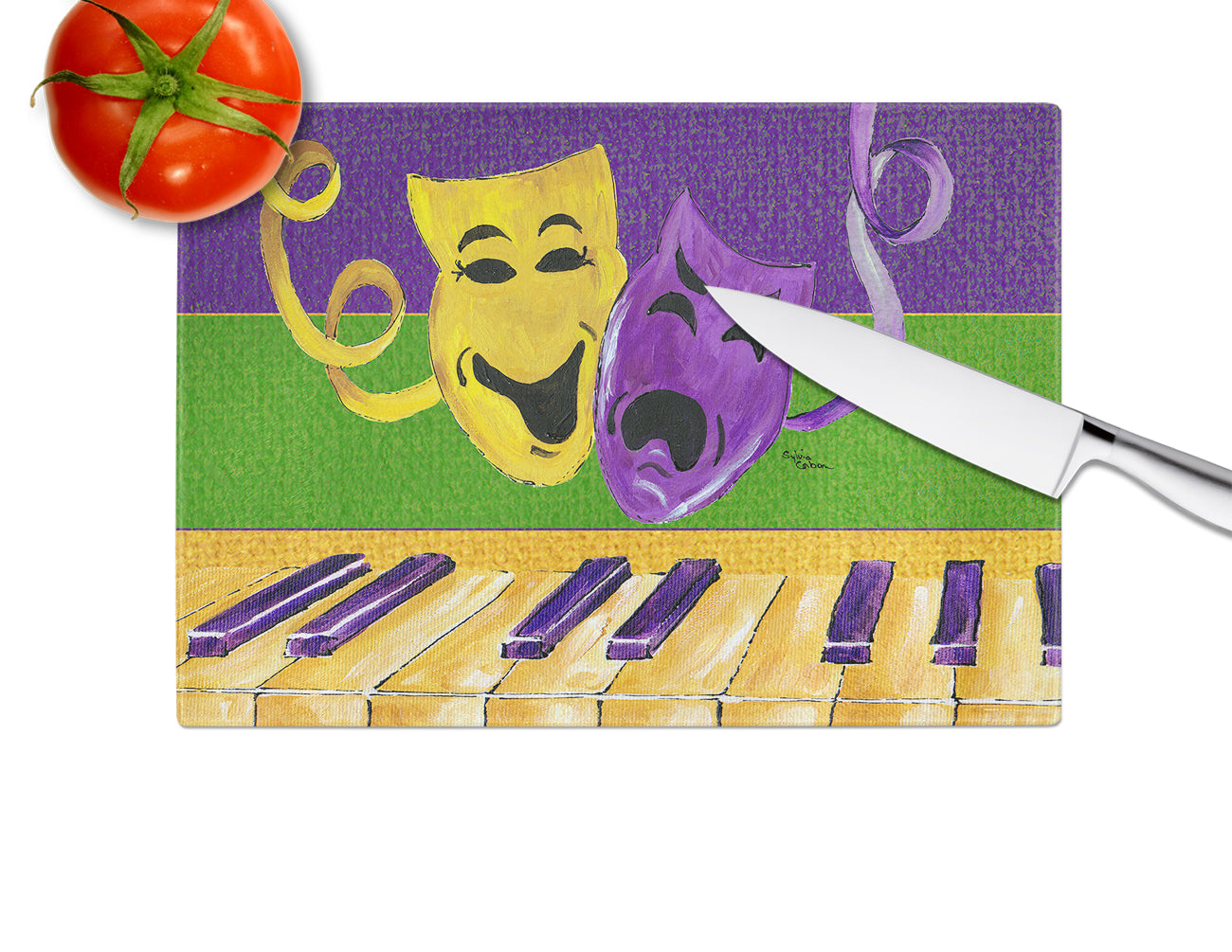 Mardi Gras Cutting Board Tempered Glass Kitchen Cutting Surface, Heat Resistant Chopping, Non-Slip Feet, Food Prep & Serving