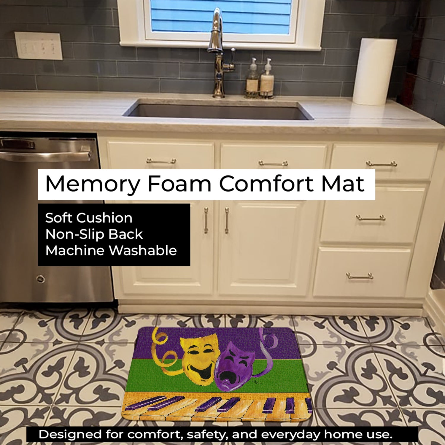 Mardi Gras Memory Foam Kitchen Mat Machine Washable Anti-Fatigue Cushion Comfort Bath or Kitchen Rug