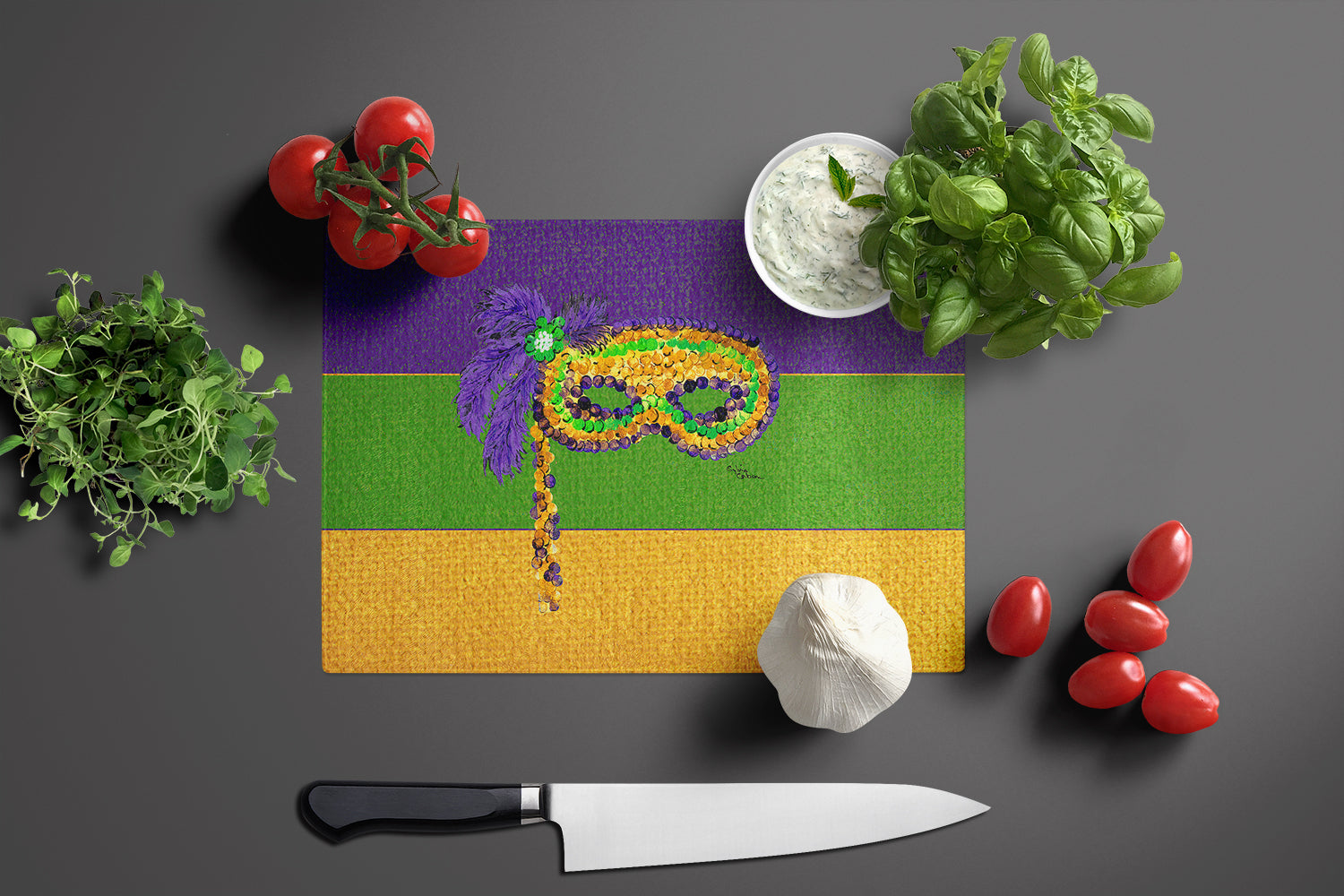 Mardi Gras Cutting Board Tempered Glass Kitchen Cutting Surface, Heat Resistant Chopping, Non-Slip Feet, Food Prep & Serving