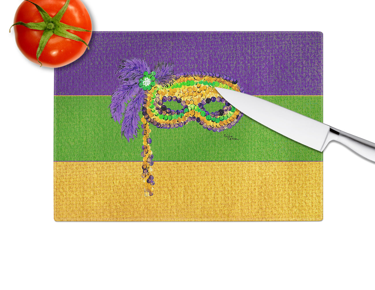 Mardi Gras Cutting Board Tempered Glass Kitchen Cutting Surface, Heat Resistant Chopping, Non-Slip Feet, Food Prep & Serving