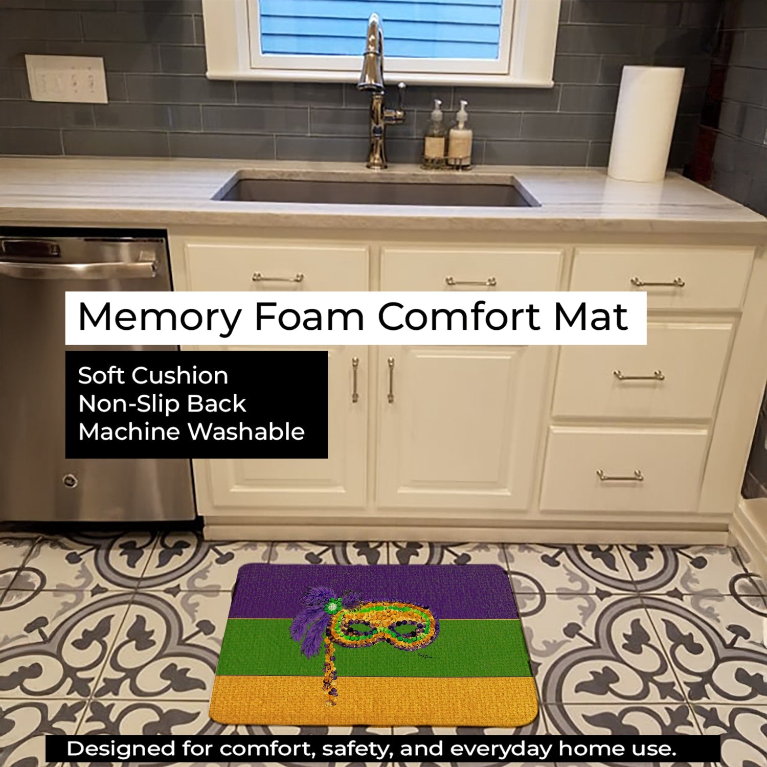 Mardi Gras Memory Foam Kitchen Mat Machine Washable Anti-Fatigue Cushion Comfort Bath or Kitchen Rug
