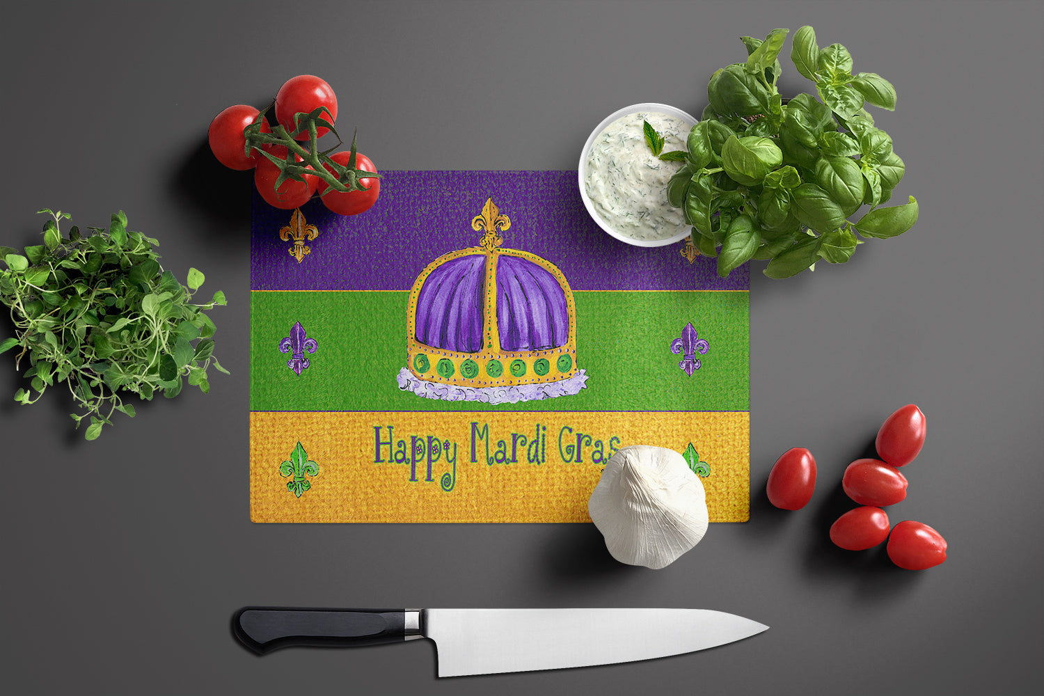 Mardi Gras Cutting Board Tempered Glass Kitchen Cutting Surface, Heat Resistant Chopping, Non-Slip Feet, Food Prep & Serving