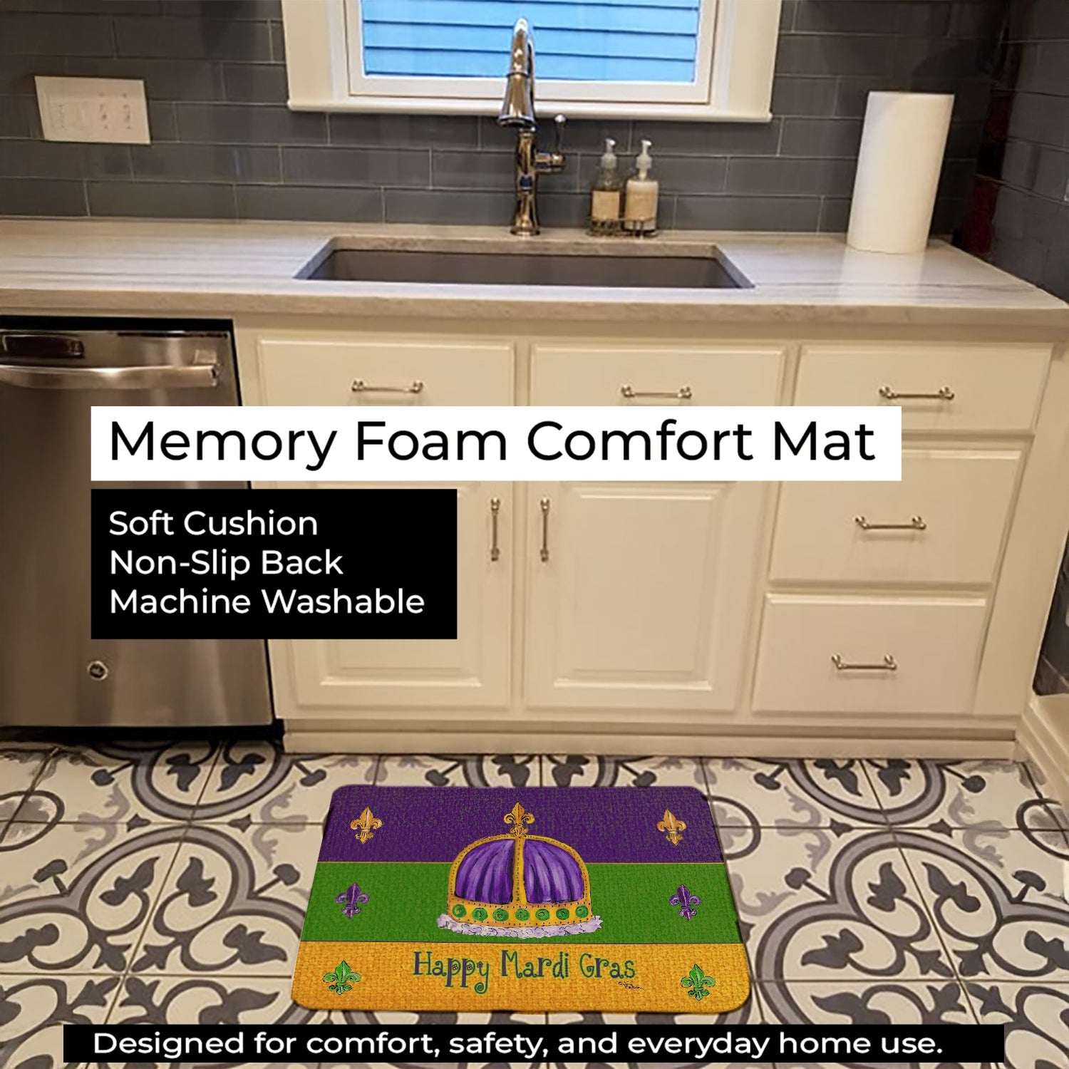 Mardi Gras Memory Foam Kitchen Mat Machine Washable Anti-Fatigue Cushion Comfort Bath or Kitchen Rug