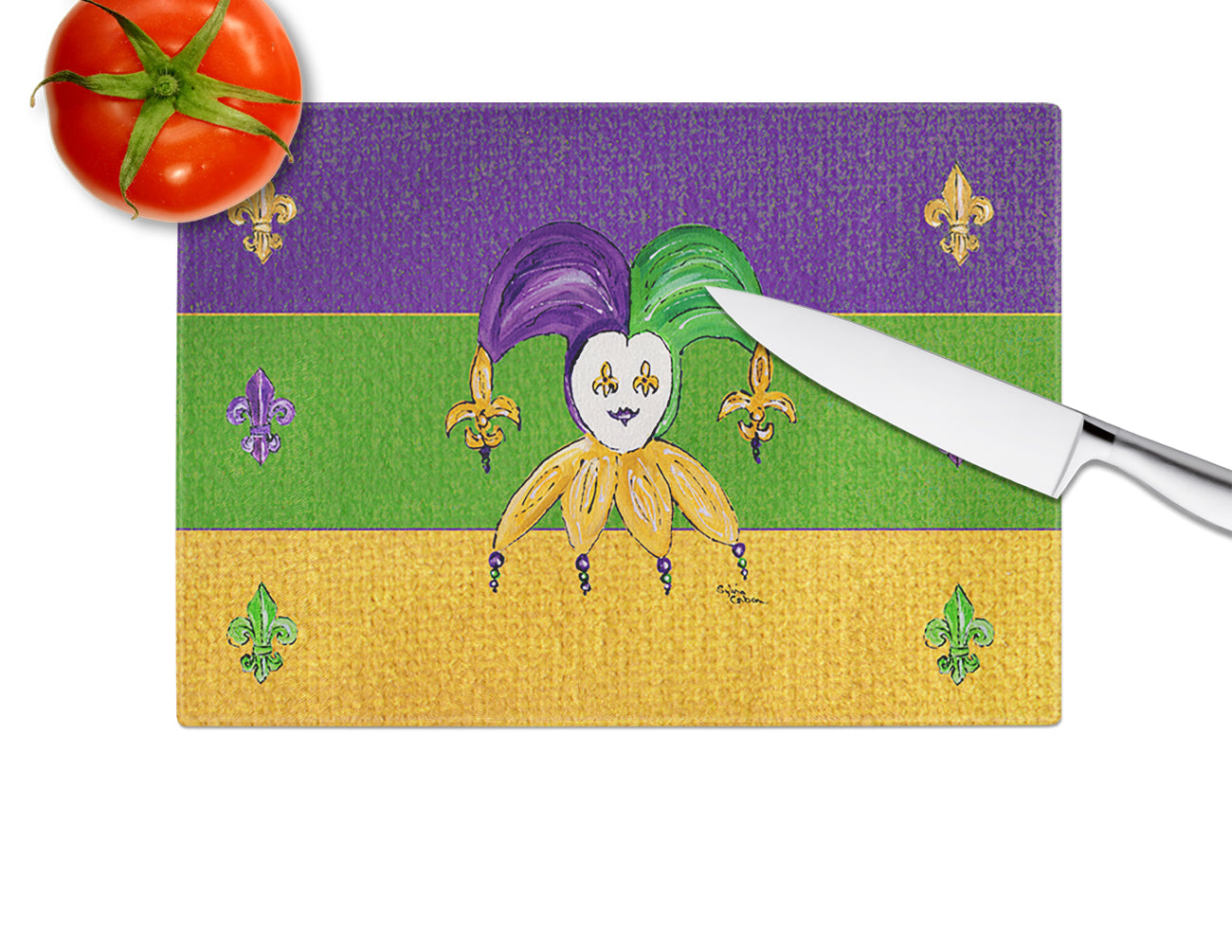Mardi Gras Cutting Board Tempered Glass Kitchen Cutting Surface, Heat Resistant Chopping, Non-Slip Feet, Food Prep & Serving