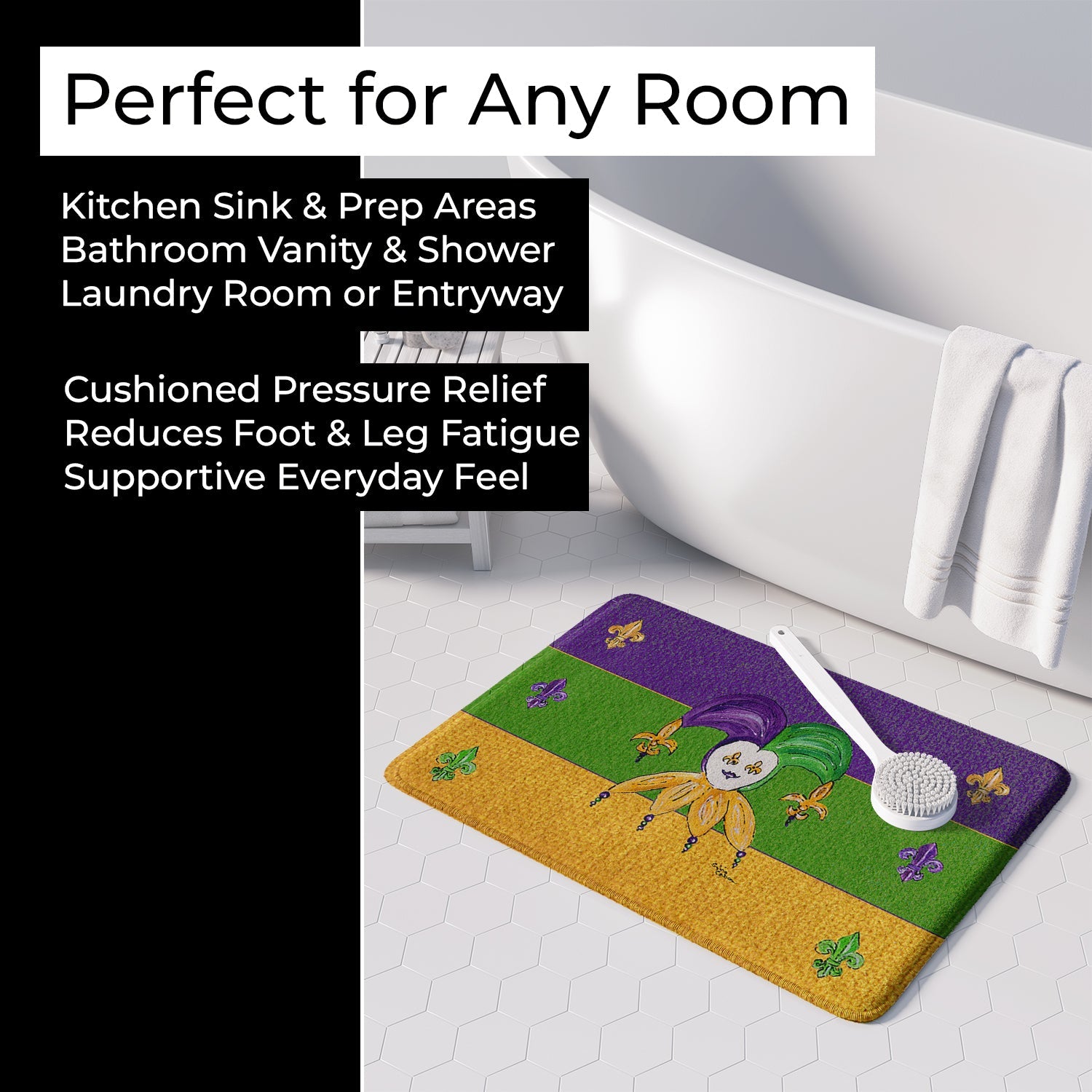 Mardi Gras Memory Foam Kitchen Mat Machine Washable Anti-Fatigue Cushion Comfort Bath or Kitchen Rug