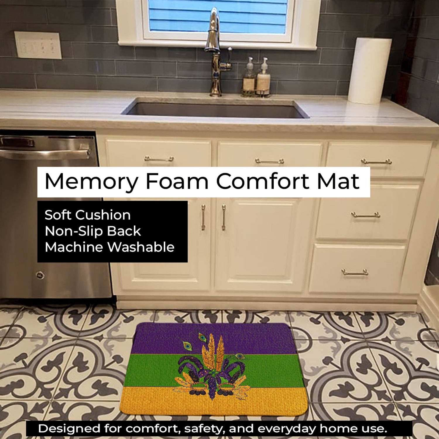 Mardi Gras Mask Memory Foam Kitchen Mat Machine Washable Anti-Fatigue Cushion Comfort Bath or Kitchen Rug