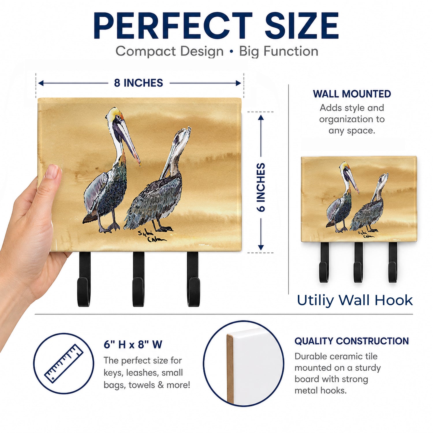 Pelican Leash or Key Holder Wall Hooks, Coat Rack Wall Mount, for Hanging Keys, Towels, Aprons, Leashes