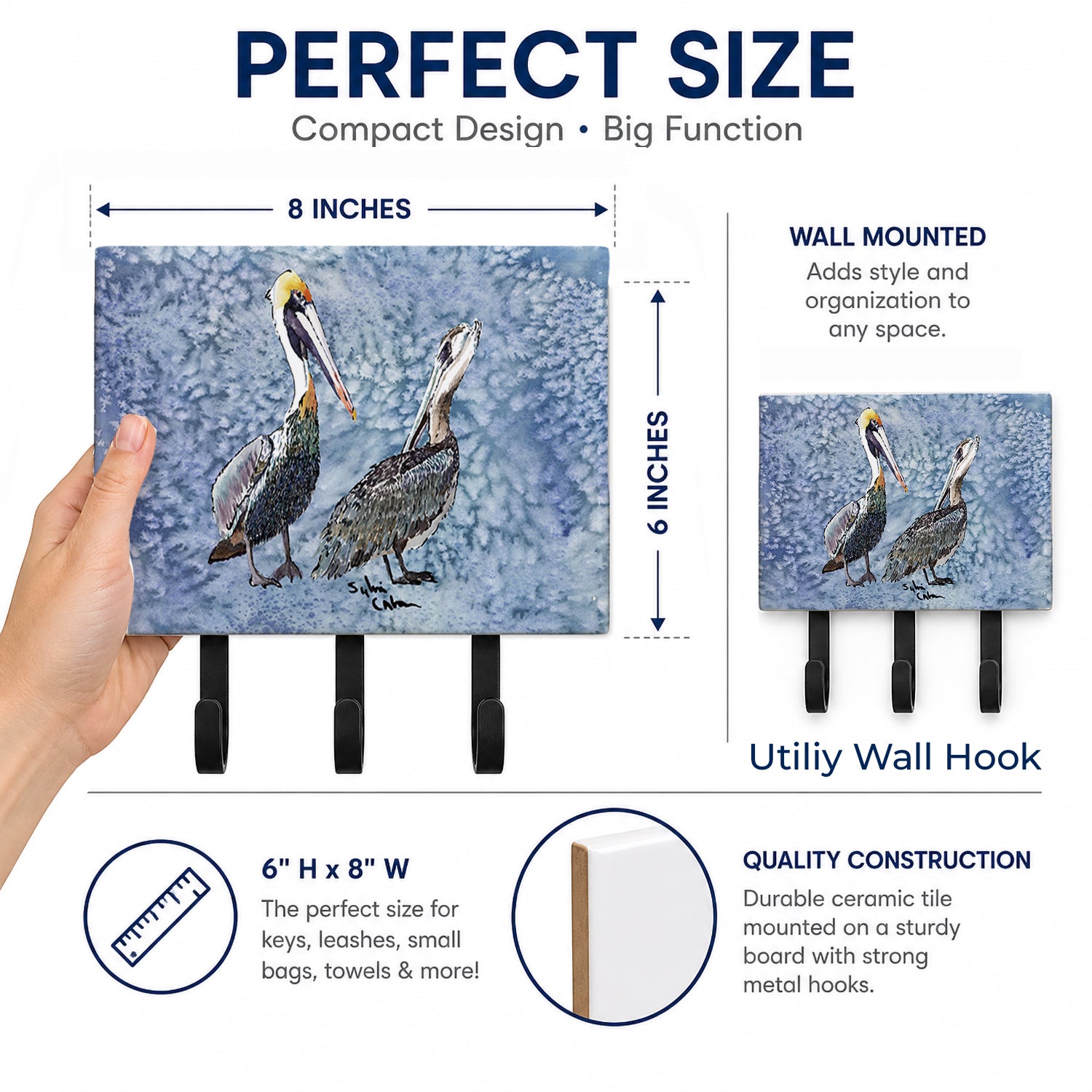 Pelican Leash or Key Holder Wall Hooks, Coat Rack Wall Mount, for Hanging Keys, Towels, Aprons, Leashes