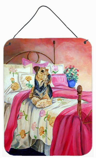 Airedale Waiting on Mom Wall or Door Hanging Prints Aluminum Metal Sign Kitchen Wall Bar Bathroom Plaque Home Decor Front Door Plaque, 12x16, Multicolor