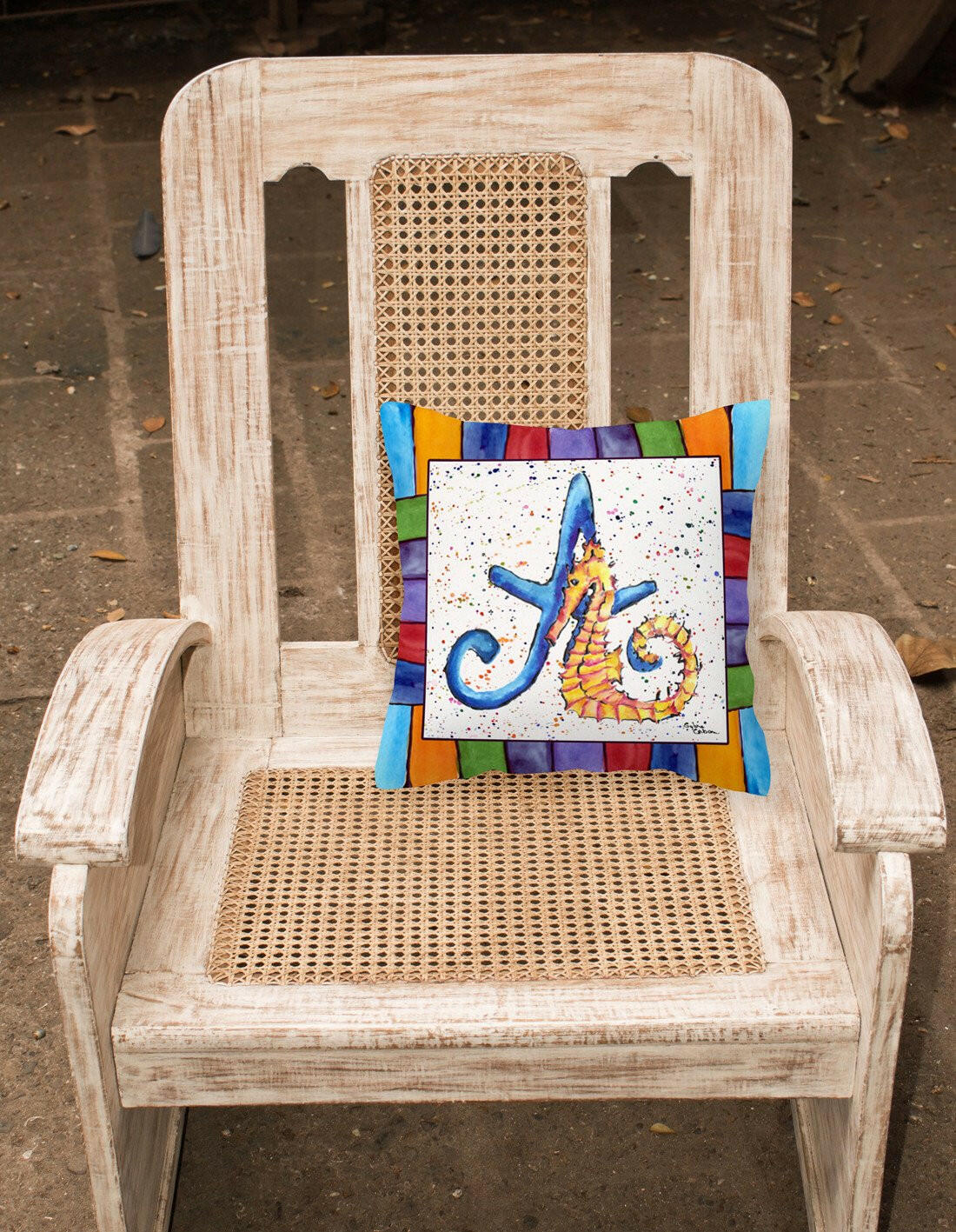 Letter A with Seahorse Decorative Throw Pillow 14x14 Indoor Outdoor Accent Cushion, Fabric Cover with Insert for Sofa, Bed, Porch & Living Room