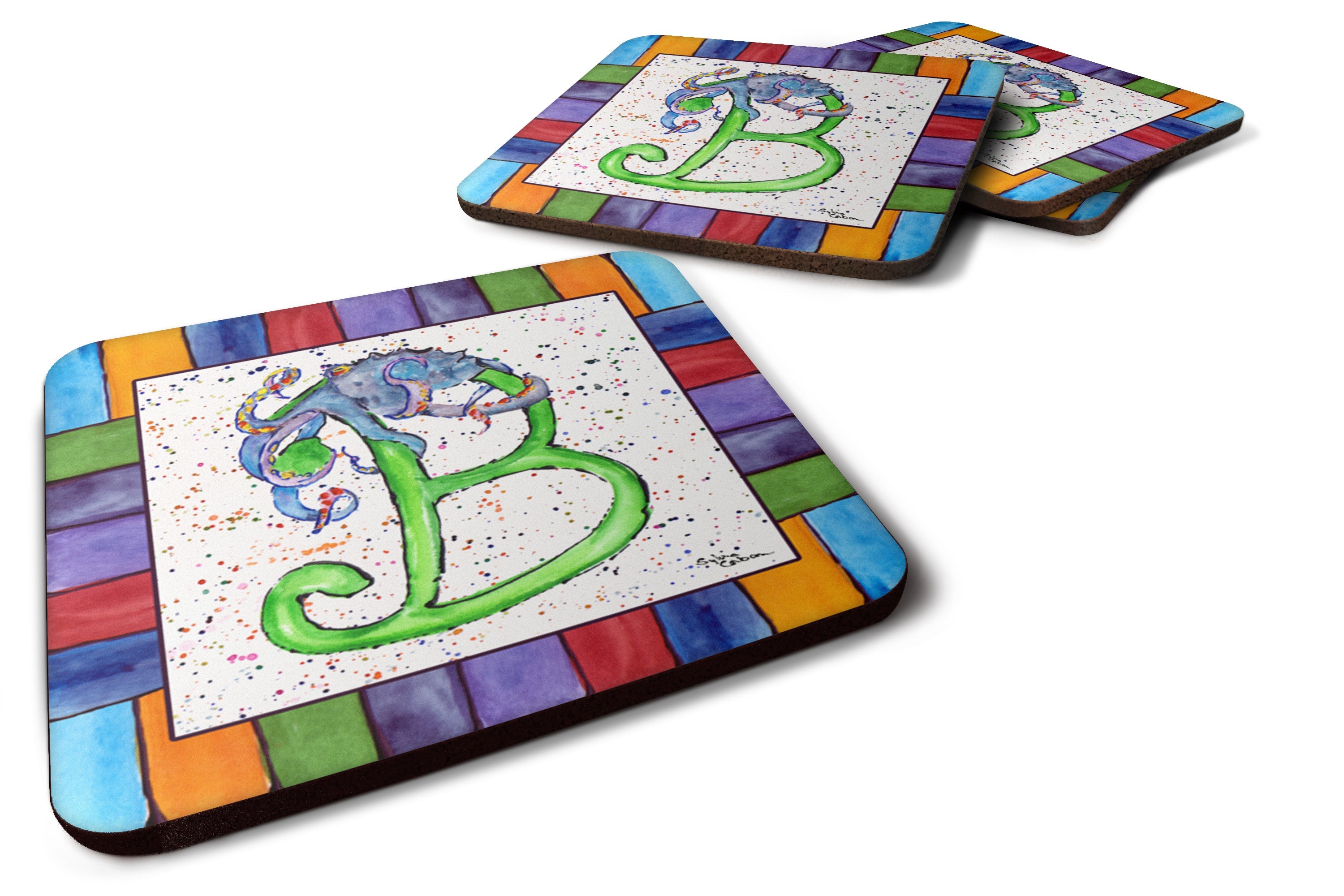Beach and Seafood Letter B Foam Coasters Set of 4 Cup Coasters for Indoor Outdoor, Tabletop Protection, Anti Slip, Mouse pad Material