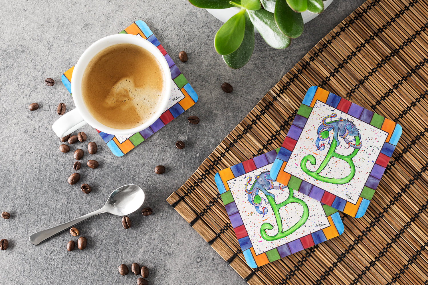Beach and Seafood Letter B Foam Coasters Set of 4 Cup Coasters for Indoor Outdoor, Tabletop Protection, Anti Slip, Mouse pad Material