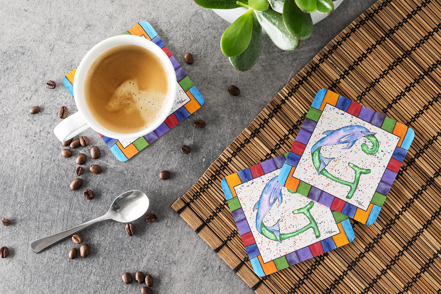 Beach and Seafood Letter G Foam Coasters Set of 4 Cup Coasters for Indoor Outdoor, Tabletop Protection, Anti Slip, Mouse pad Material