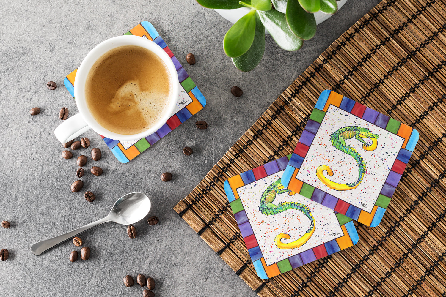 Beach and Seafood Letter S Foam Coasters Set of 4 Cup Coasters for Indoor Outdoor, Tabletop Protection, Anti Slip, Mouse pad Material