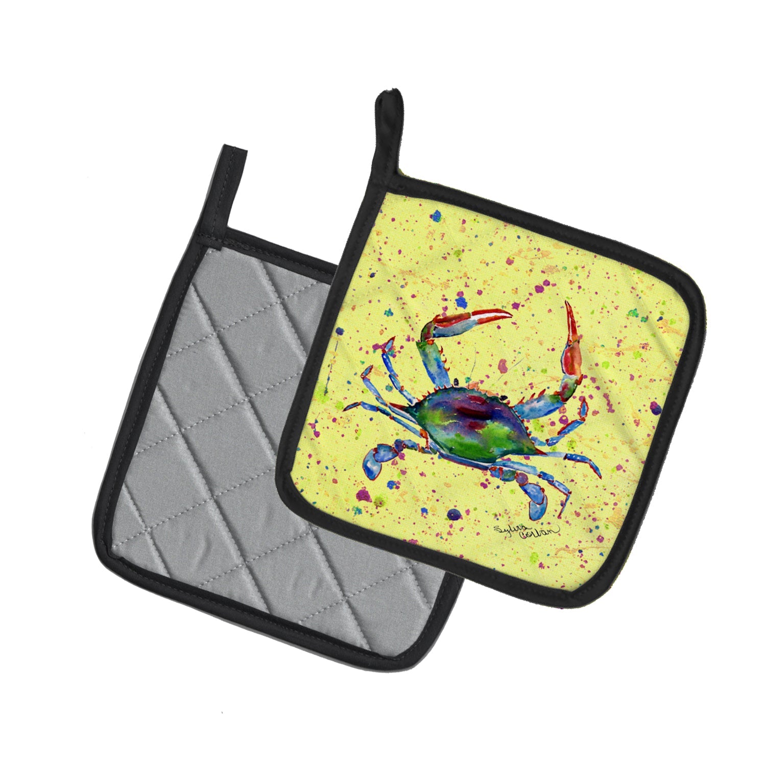 Crab Pot Holder Set of 2 Heat Resistant Quilted Hot Pads 7.5 x 7.5 Inch, Insulated Kitchen Trivets for Cooking & Baking