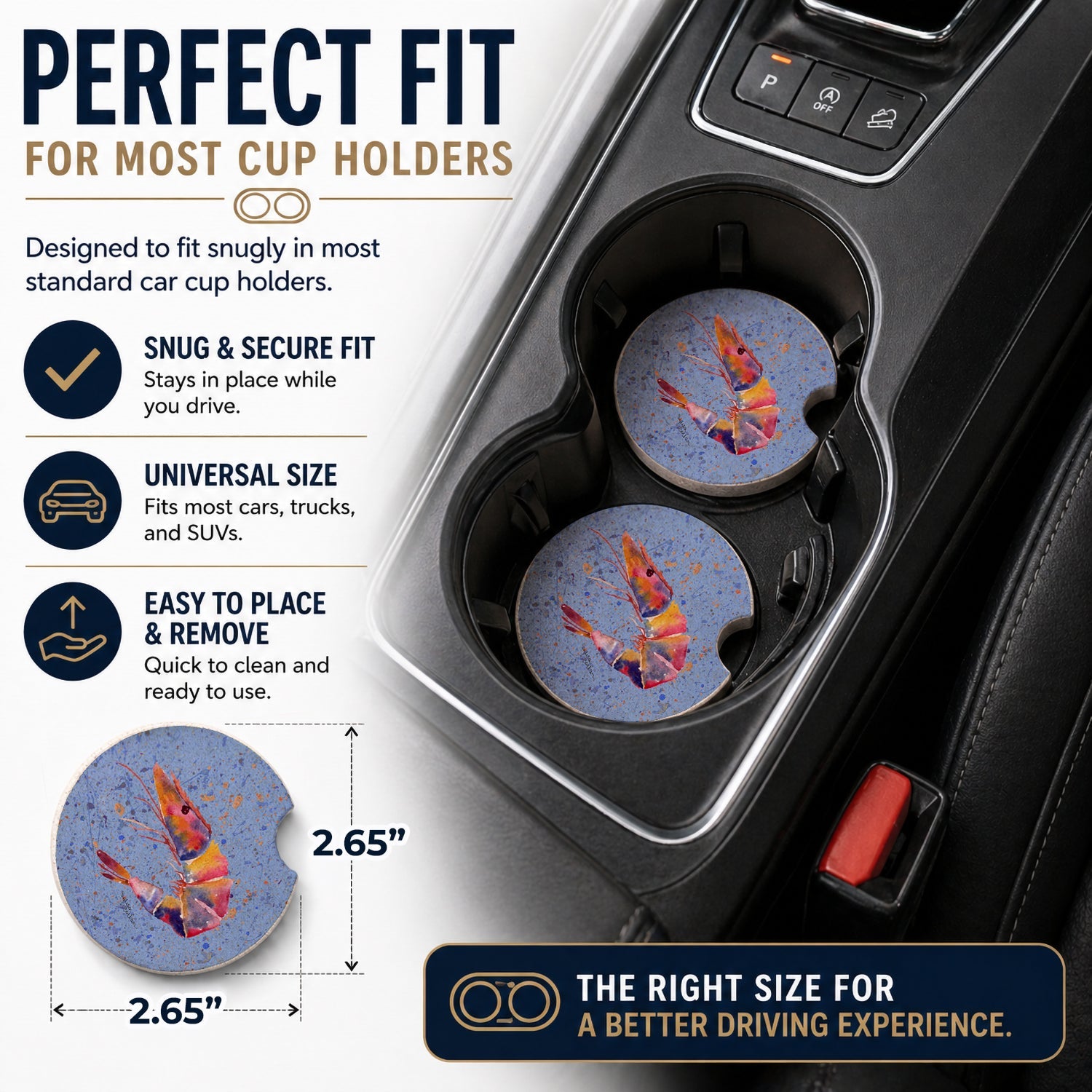 Shrimp Set of 2 Cup Holder Car Coasters Absorbent Round Sandstone Coasters Gifts for Men or Women, 2.5, Multicolor